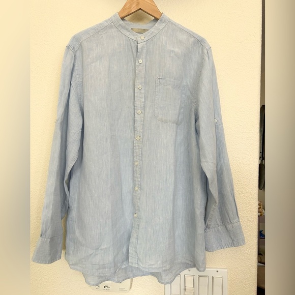 Isle Bay Linens Light Blue 100% Linen Button Down Size Large Rolled Sleeve - Picture 1 of 10